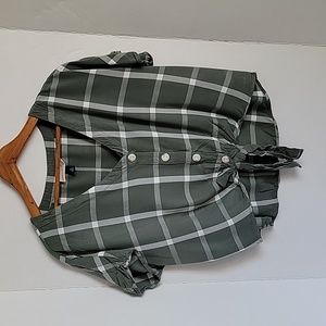 Universal Thread Women's Green White Plaid W/ Bow Accent Crop Button Up Top, M